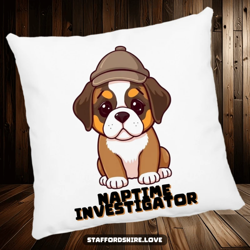 Funny pillow featuring an endearing Saint Bernard puppy in a tiny detective hat, offering a soft and humorous decorative accent.