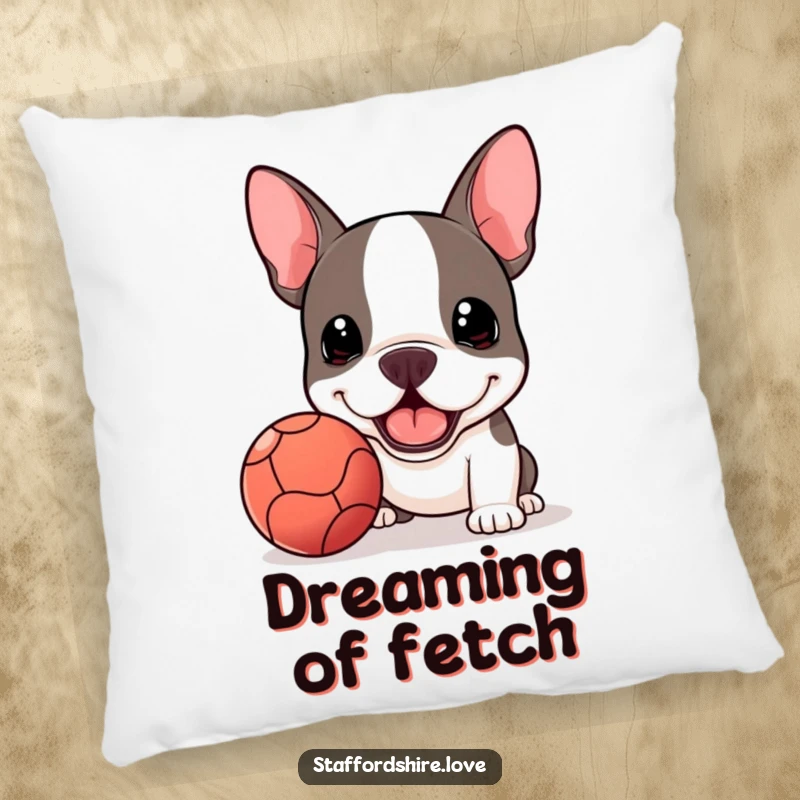 Funny Kawaii Staffordshire Bull Terrier pillow, presenting a slobbery ball with utmost enthusiasm, perfect for fetch lovers.