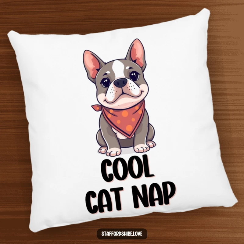 Funny Kawaii Staffordshire Bull Terrier pillow wearing a tiny bandana, looking cool and sophisticated.