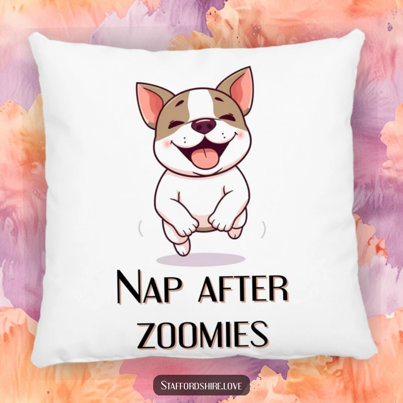 Funny Kawaii Staffordshire Bull Terrier pillow depicting a happy zoomie, radiating pure joy and energetic movement.