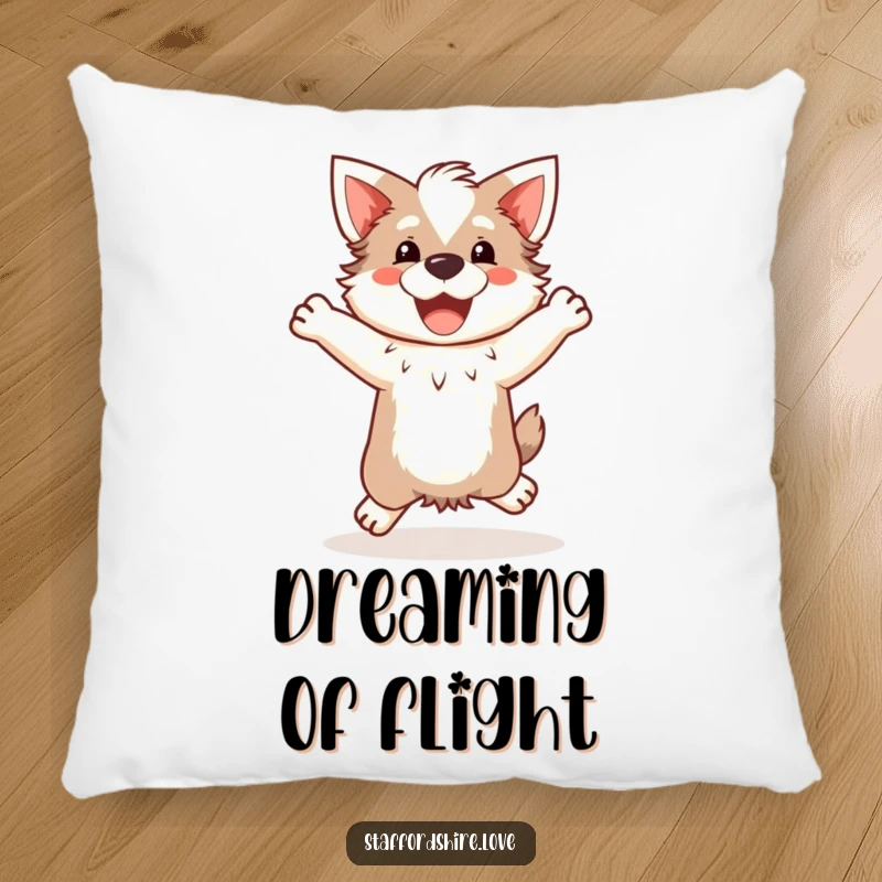 Funny Kawaii Staffordshire Pillow, showcasing a cute Staffy doing a happy, clumsy jump, offering cozy comfort and humorous decor.