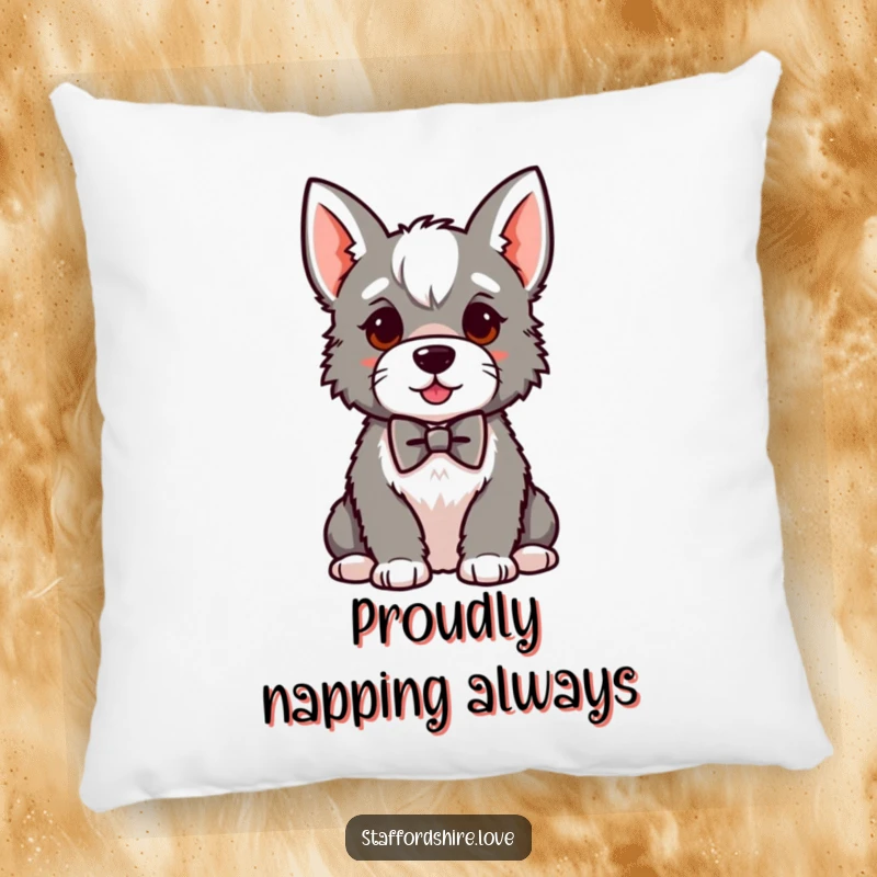 Funny kawaii Staffordshire pillow, depicting a proud dog sitting in a small bowtie, providing comfort and humor with a touch of class.