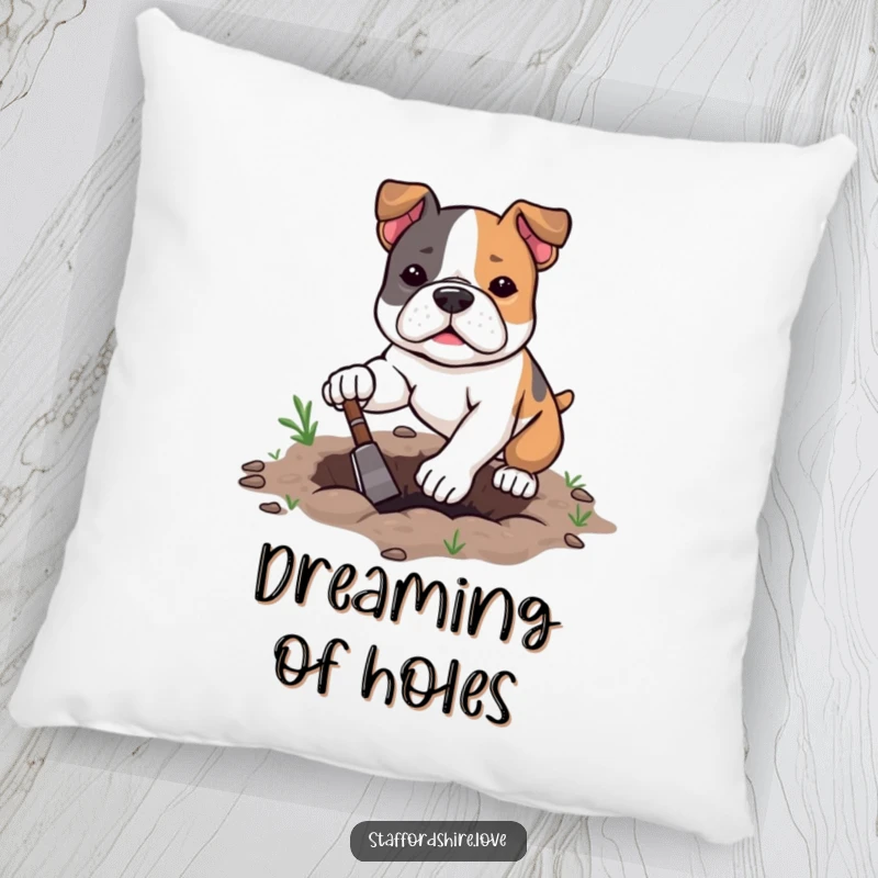 Funny kawaii Staffordshire Bull Terrier pillow with determined digging, offering humorous comfort and energetic charm.