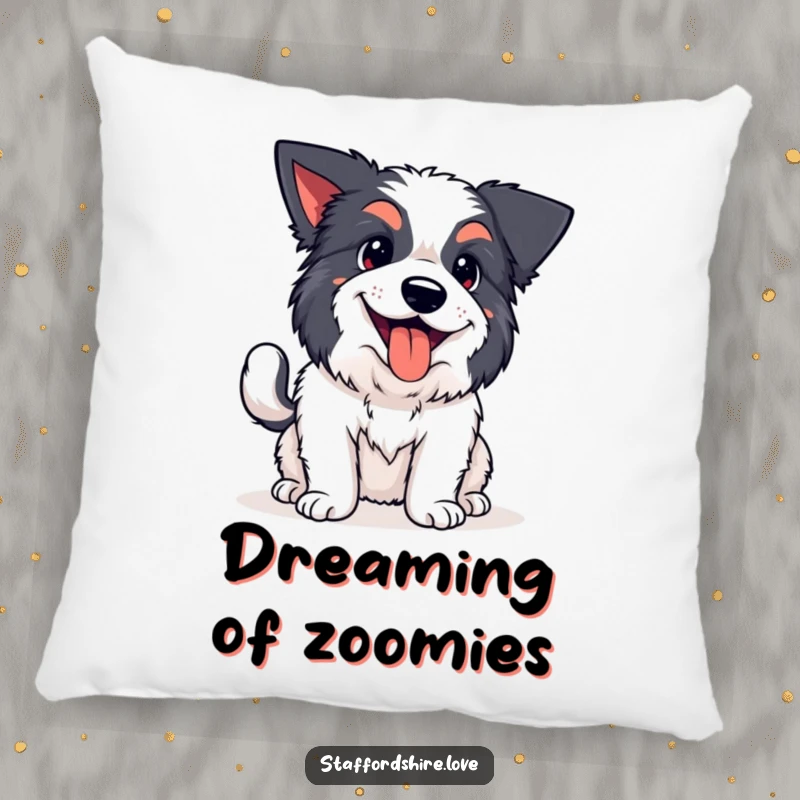 Funny kawaii Staffordshire pillow, depicting a happy dog panting with a wagging tail, providing comfort and humor for living spaces.
