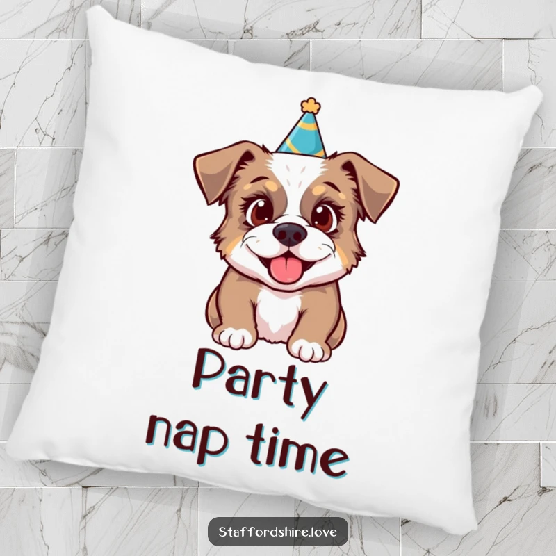 Funny pillow depicting a Staffordshire dog in a party hat, looking excited, adding festive comfort.