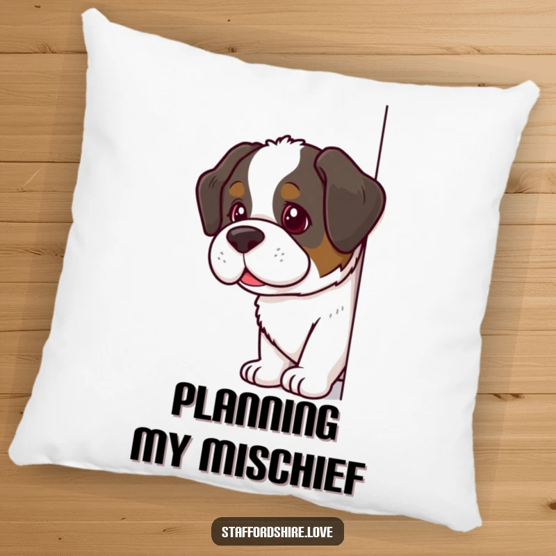 Funny Saint Bernard Pillow featuring a dog peeking mischievously, offering comfort and a humorous touch with its playful character.