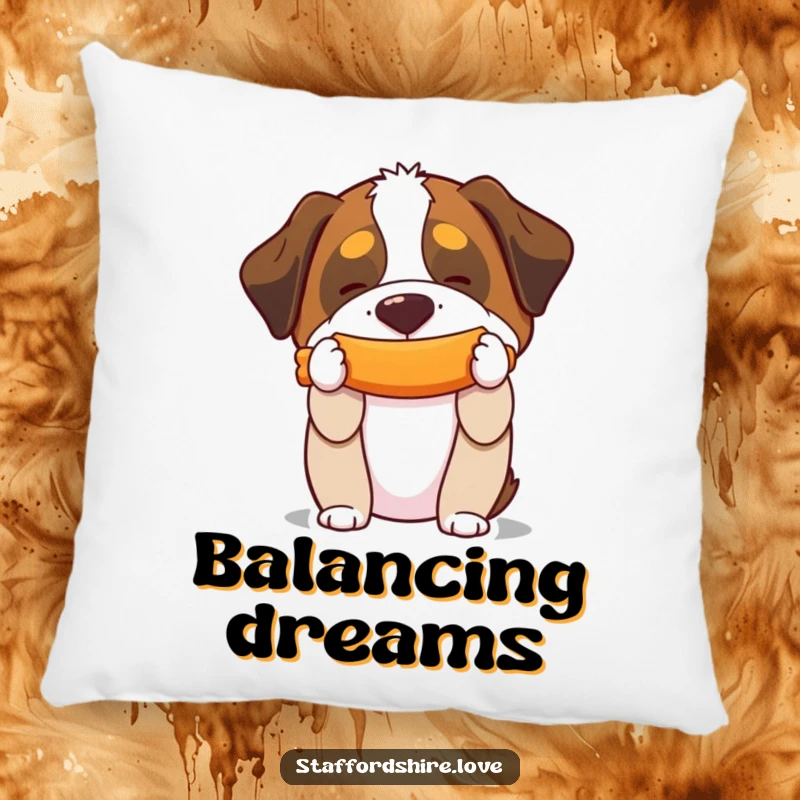 Funny pillow featuring a Saint Bernard balancing a squeaky toy on its snout, perfect for adding humorous decor.