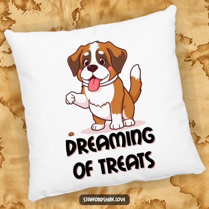 Funny Saint Bernard pillow showcasing a dog with a wagging tail jumping for a treat, adding cheerful decor.