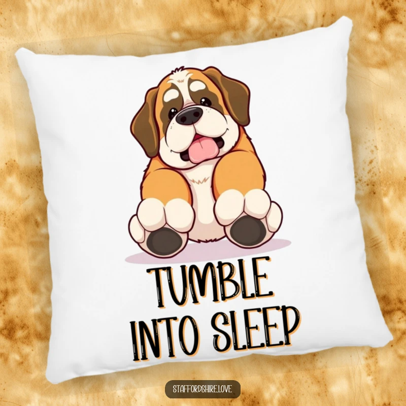 Funny pillow with a kawaii Saint Bernard tripping over its own large paws, for cozy relaxation.