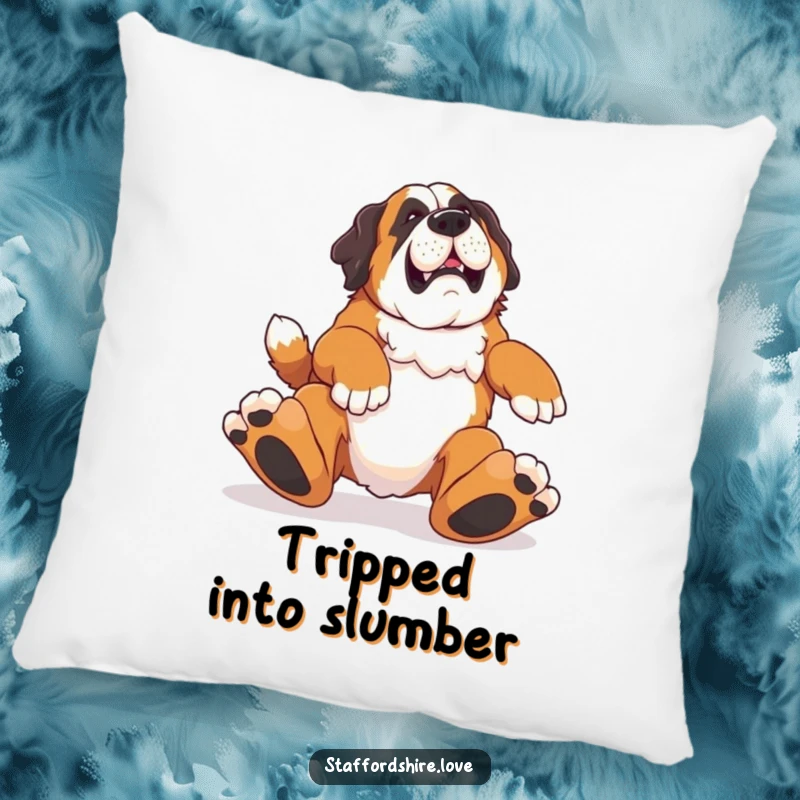 Funny pillow featuring a Saint Bernard tripping comically, perfect for adding humorous decor and comfort.