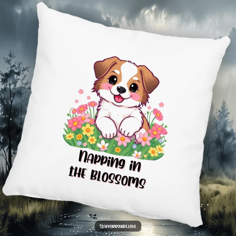 Funny Staffordshire dog happily rolling in flowers on a soft pillow. Ideal gift.