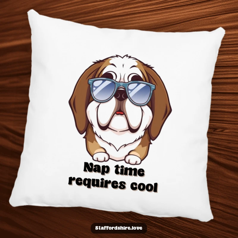 Funny Saint Bernard pillow showcasing a large, fluffy dog with a comical goofy expression attempting to wear tiny sunglasses, plush home decor.