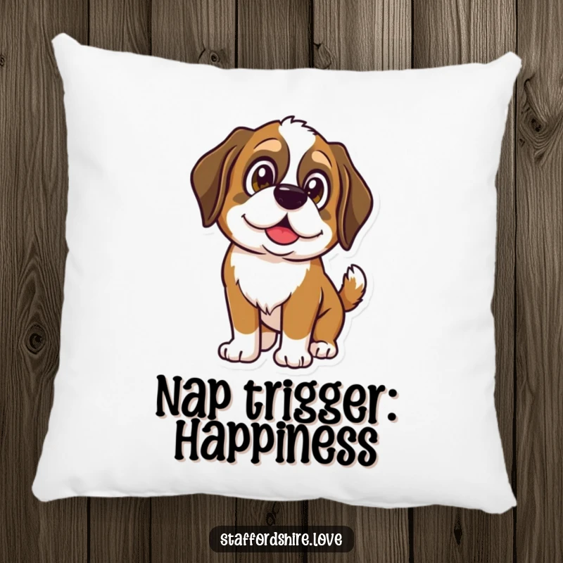 Funny Saint Bernard pillow with a dog's shining eyes and wagging tail, perfect for adding comfort and canine happiness.