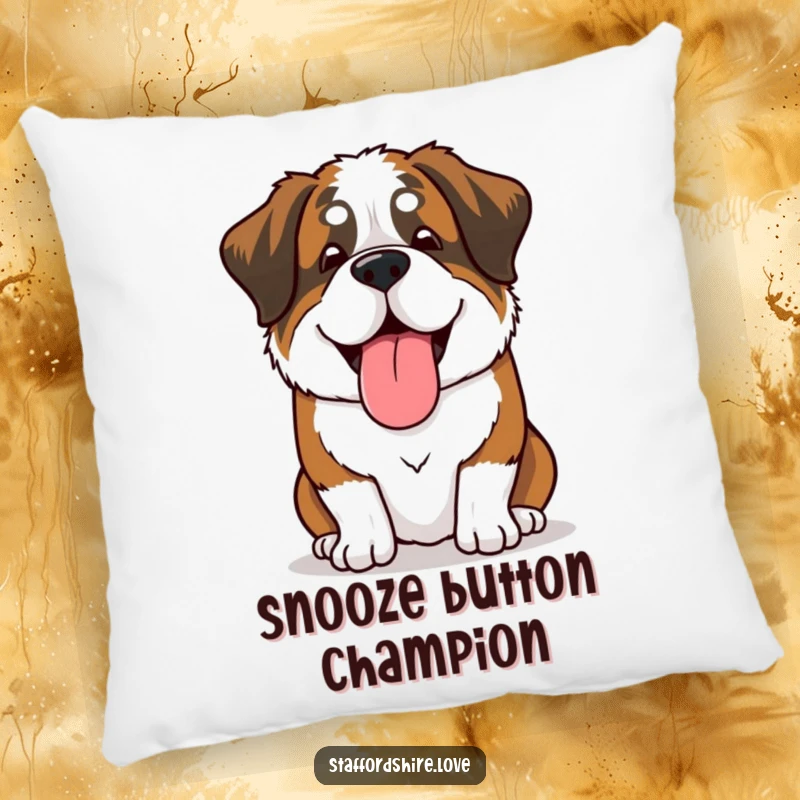 Funny Saint Bernard pillow featuring a dog with a happy sigh and tongue lolling out, offering comfort and a humorous touch.
