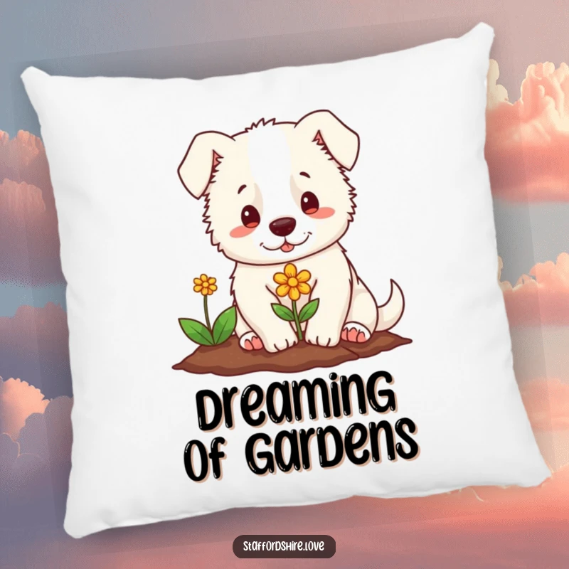 Funny pillow featuring a gentle Staffordshire character planting a tiny, colorful flower, offering soft, heartwarming comfort.