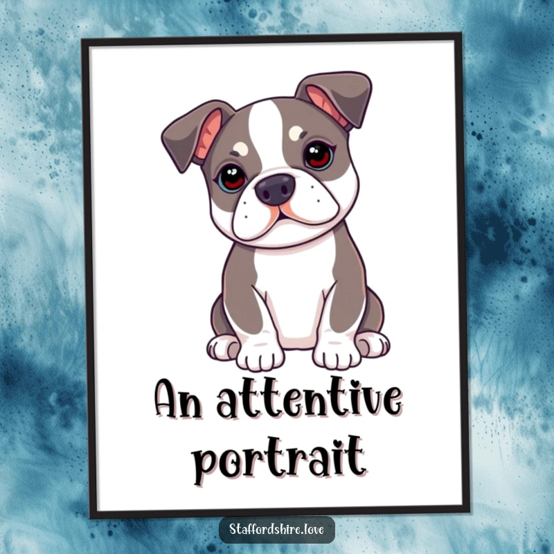 Funny kawaii Staffordshire Bull Terrier digital art print with ears perked up, perfect for humorous and attentive wall decor.