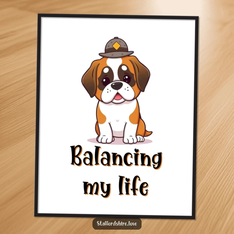 Funny Saint Bernard Digital Art: Printable artwork of a cute kawaii Saint Bernard dog balancing a small hat.