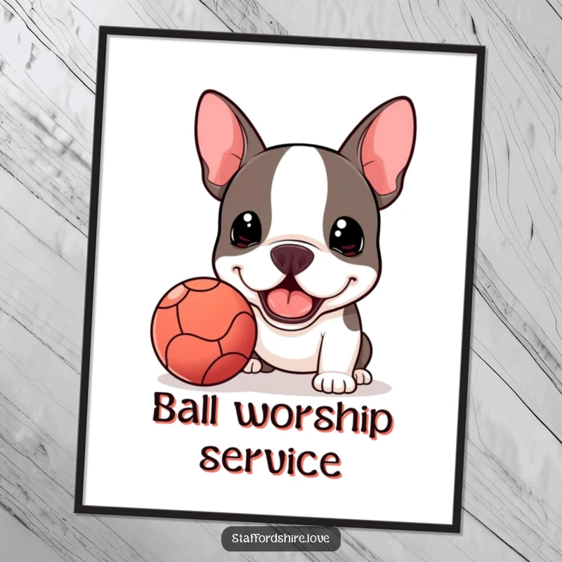 Funny Kawaii Staffordshire Bull Terrier digital art print, enthusiastically offering a slobbery ball, symbolizing pure fetch joy.