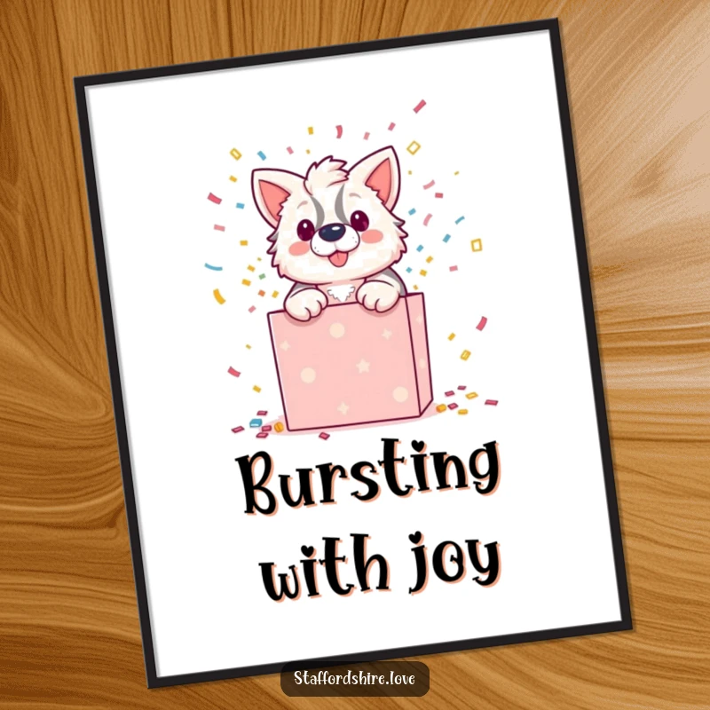 Funny digital art print of a Staffordshire character dramatically bursting out of a gift box with confetti, instant hilarious decor.
