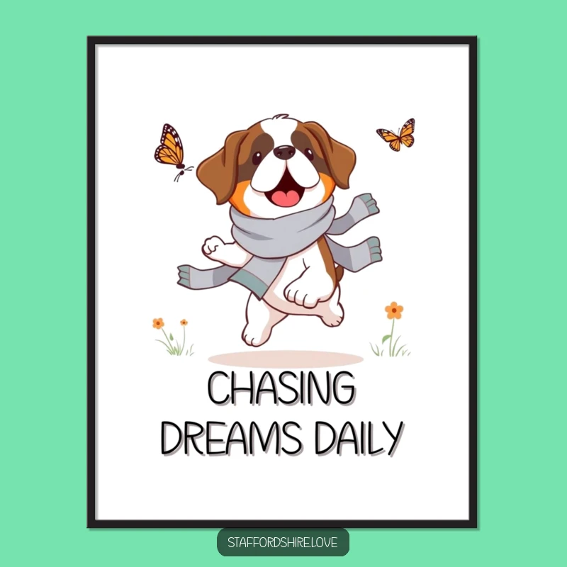 Funny Saint Bernard Butterfly Chase Digital Art: Instant Whimsy, Downloadable Dog Art