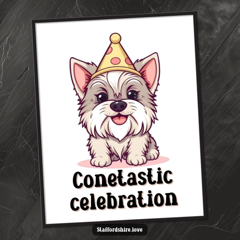 Funny Staffordshire dog with a silly grin wearing a tiny cone hat as a digital art print. Perfect gift.