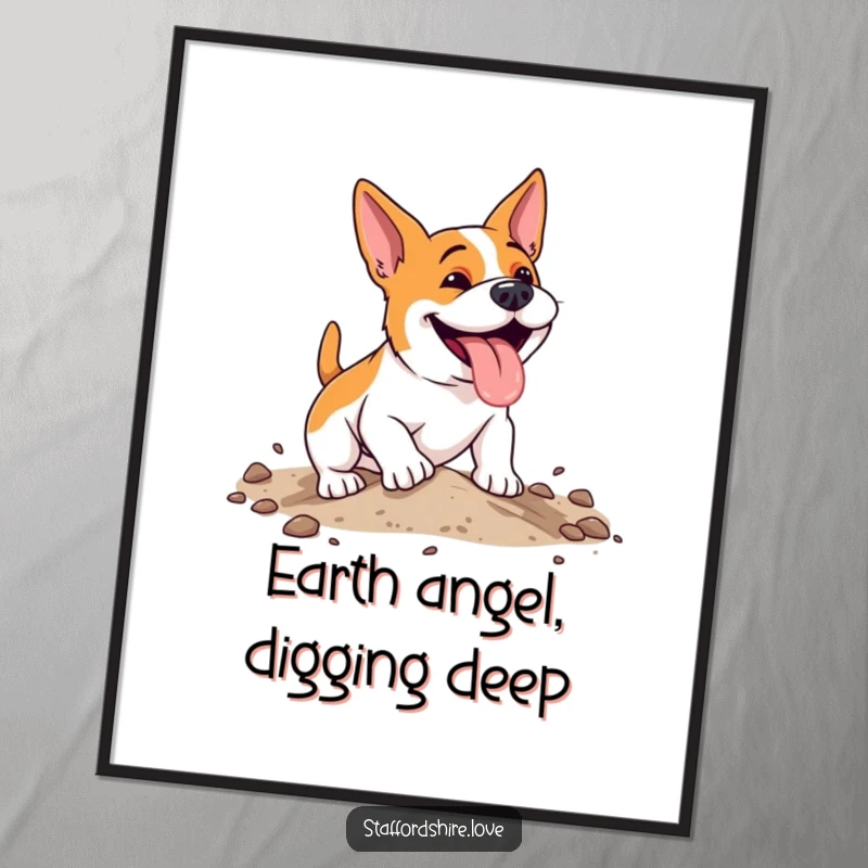 Funny, energetic Staffordshire dog with a happy pant, digging enthusiastically in soft earth on a downloadable digital art print.
