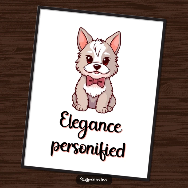 Funny Kawaii Staffordshire digital art print of a proud dog in a bowtie, perfect for instant wall decor with dapper dog charm.