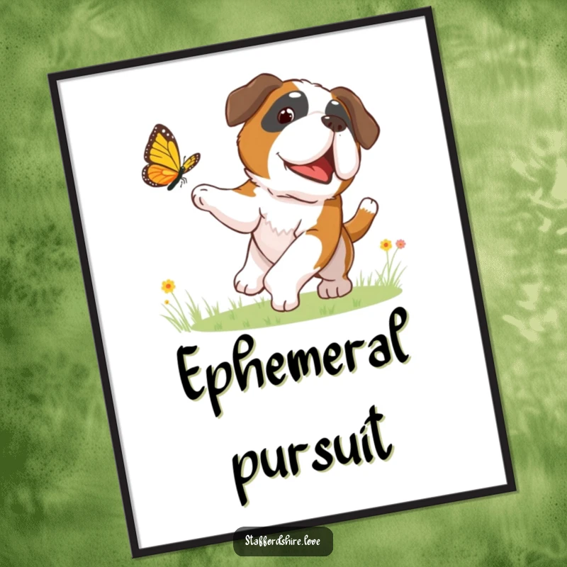 Funny digital art print of a happy Saint Bernard dog enthusiastically chasing a butterfly, conveying pure playful joy.