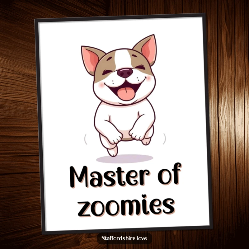 Funny Kawaii Staffordshire Bull Terrier digital art print, depicting a happy zoomie with blurred motion and a joyful expression.