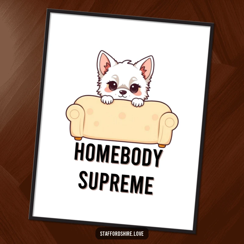 Funny Kawaii Staffordshire Digital Art Print, featuring a cute Staffy peeking over a couch, perfect for instant, charming wall decor.