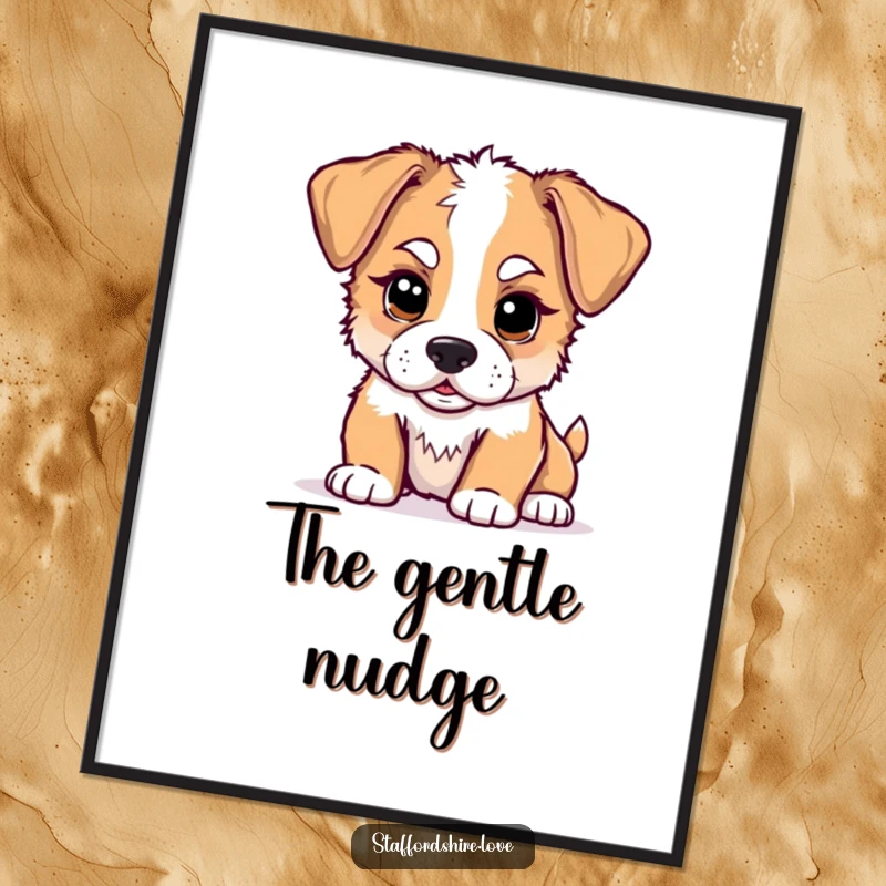 Funny kawaii Staffordshire puppy digital art print, showing a cute puppy playfully nudging, ready for immediate download and display.