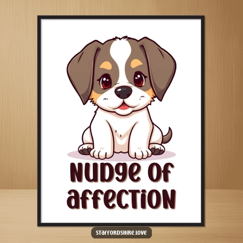 Funny kawaii Staffordshire puppy with floppy ears, playfully nudging on a digital art print, for humorous and playful decor.
