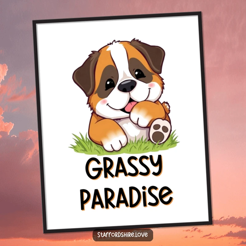 Funny digital art print of a Saint Bernard dog rolling with pure joy and contentment in soft, green grass.