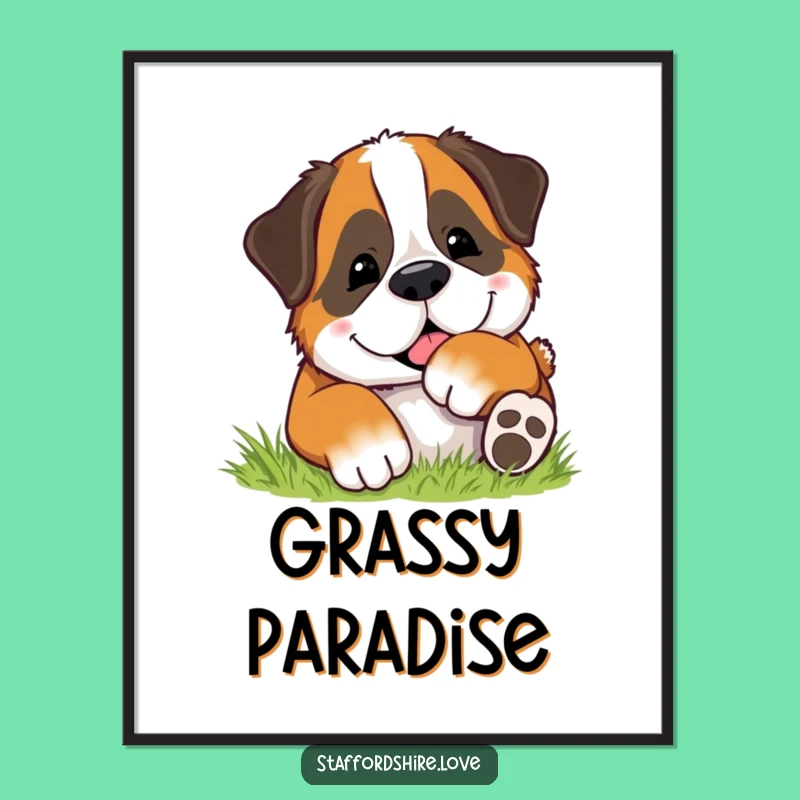 Funny Rolling Dog Digital Art - Happy Saint Bernard Grass Print Gift