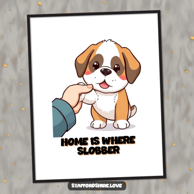 Funny Saint Bernard digital art print of a cute Kawaii dog nudging a friendly hand, offering heartwarming pet-themed decor.