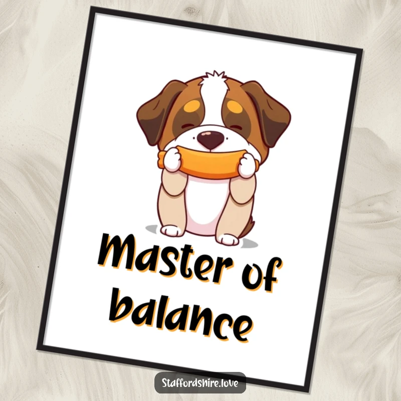 Funny digital art print of a Saint Bernard humorously balancing a squeaky toy on its snout, ideal for wall decor.