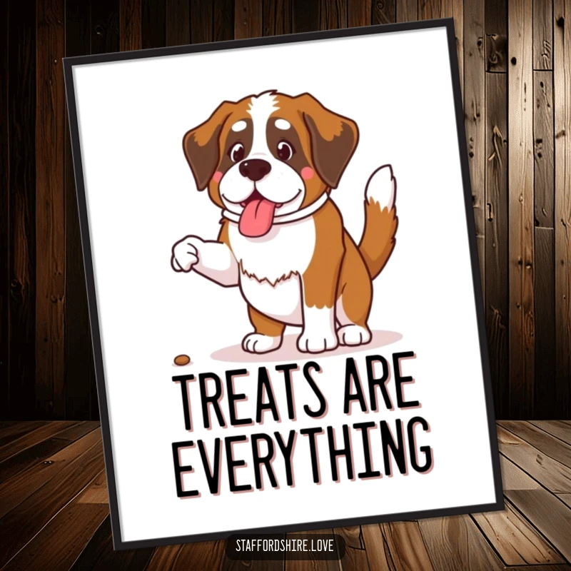 Funny Saint Bernard digital art print of a dog with a wagging tail jumping for a treat, instant playful decor.