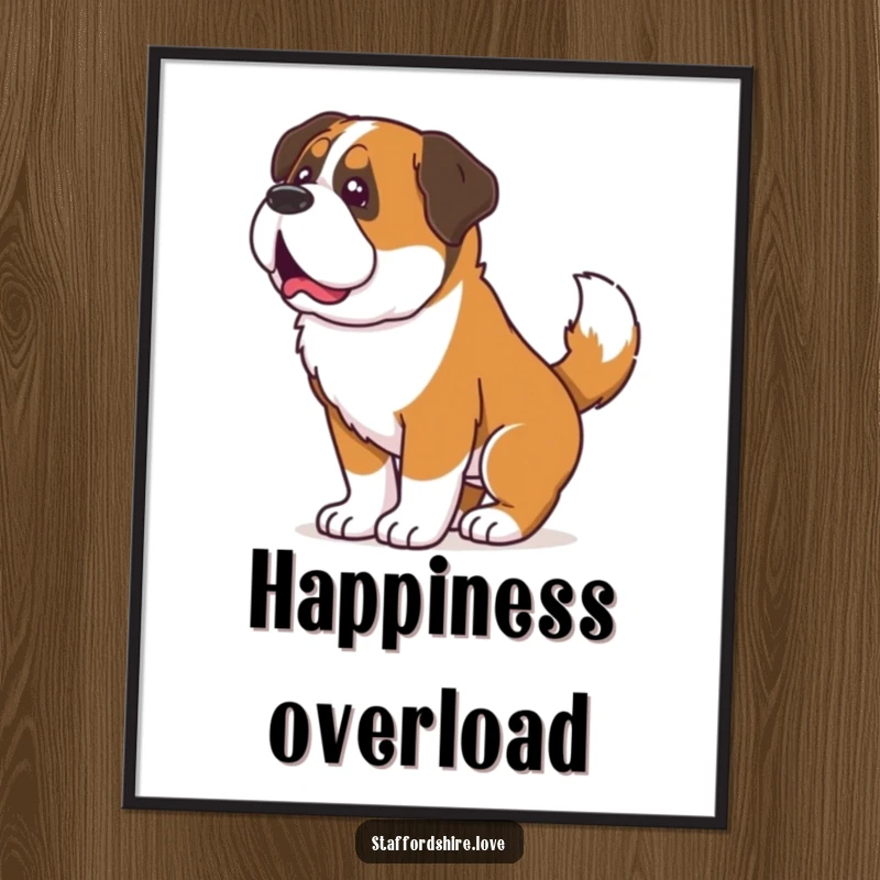 Funny digital art print of a Saint Bernard wiggling its entire body from an excited tail wag, ideal for wall decor.