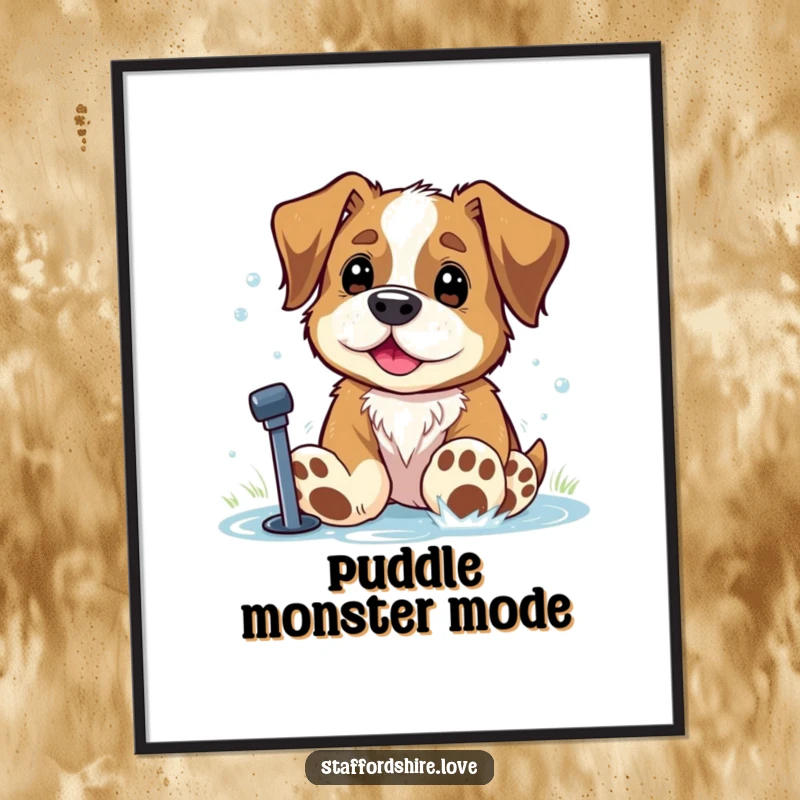 Funny Staffordshire dog with huge paws playing in a sprinkler as a digital art print. Perfect gift.