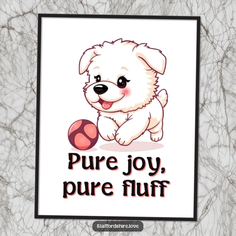 Funny, fluffy Staffordshire puppy with rosy cheeks, playfully chasing a bouncing ball on a downloadable digital art print.
