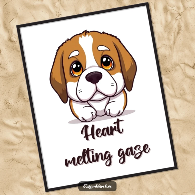 Funny digital art print of a Saint Bernard dog looking upwards with large, incredibly soulful eyes, conveying deep emotion.