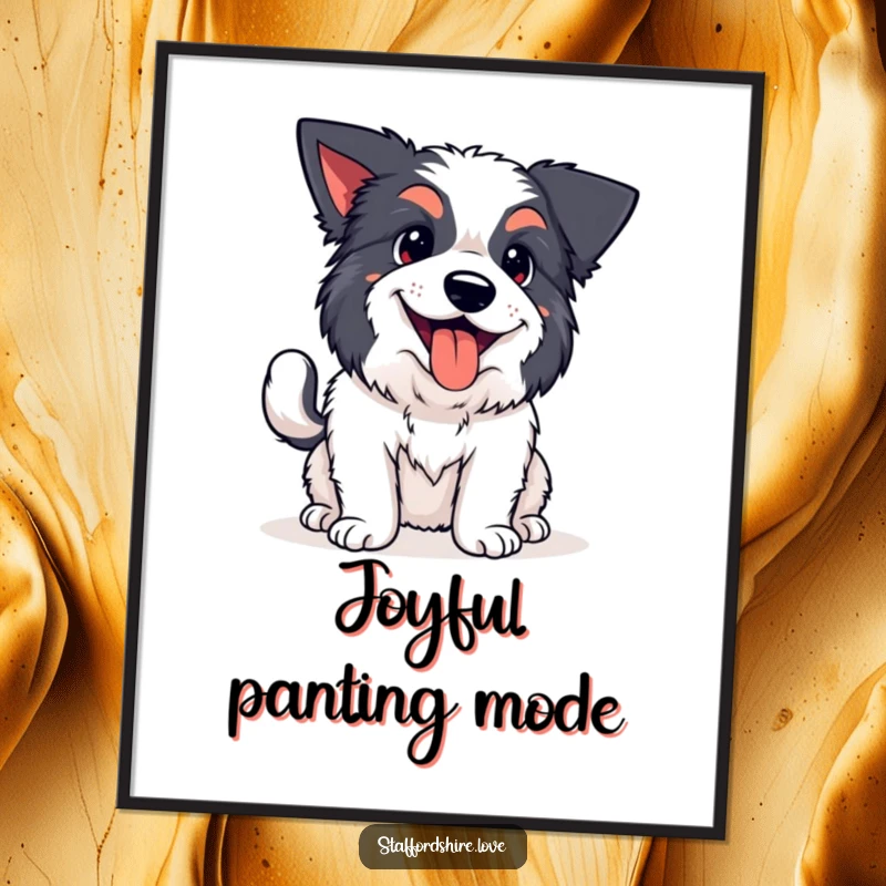 Funny kawaii Staffordshire digital art print, showing a happy dog panting with a wagging tail, ready for immediate download and display.