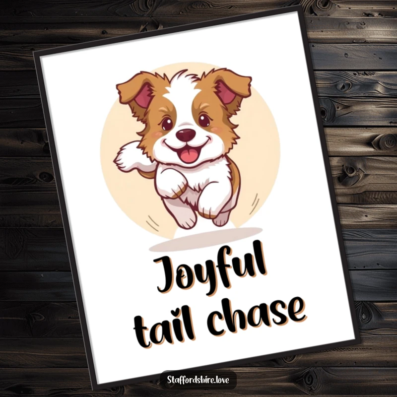 Funny digital art print of a Staffy puppy chasing its tail in a circle, perfect for instant, humorous wall decor that radiates joy.