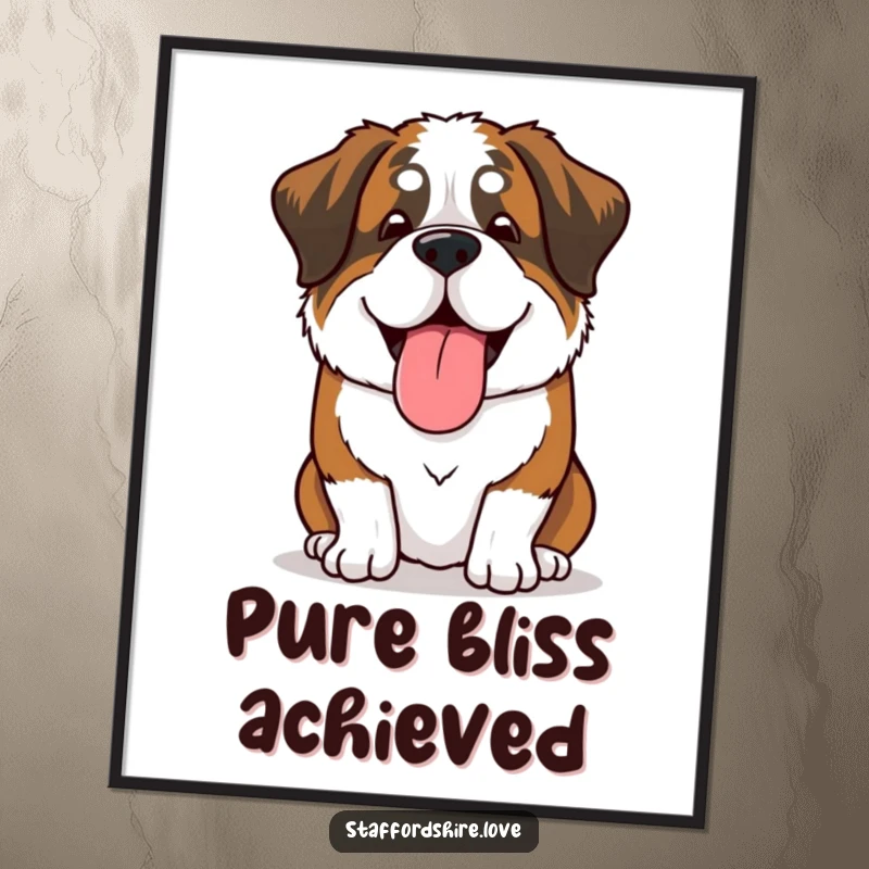 Funny Saint Bernard digital art print of a dog in a happy sigh, tongue lolling lazily, offering instant humorous and relaxing wall decor.