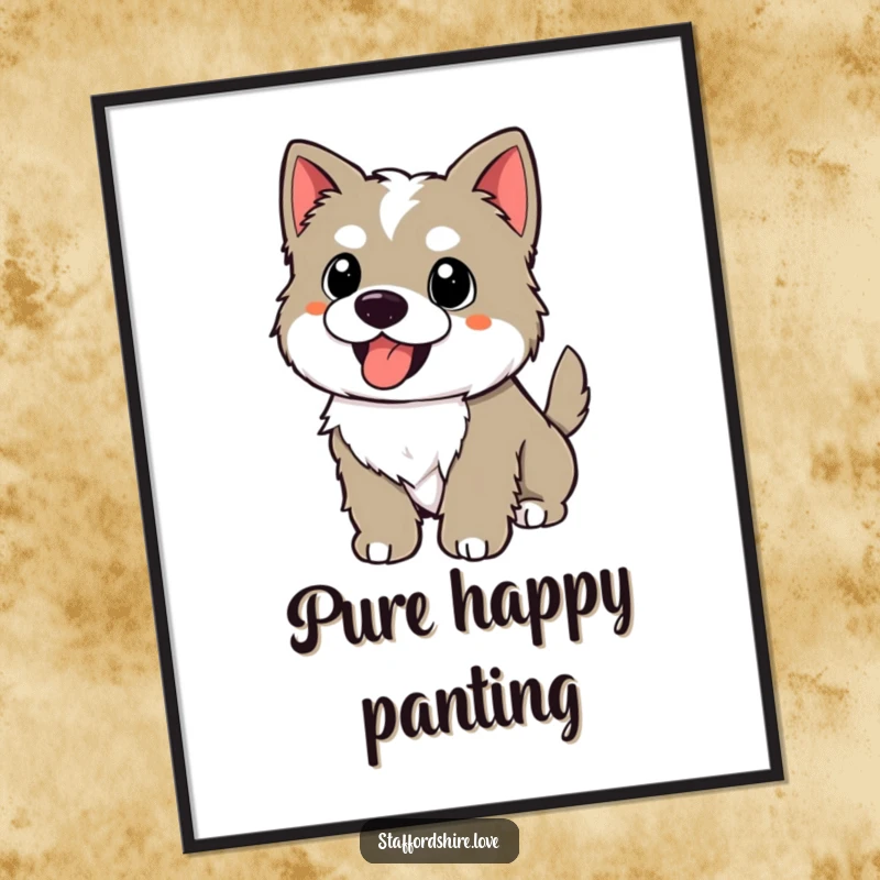 Funny kawaii Staffordshire puppy with a wagging tail, panting happily on a digital art print, for humorous and joyful decor.