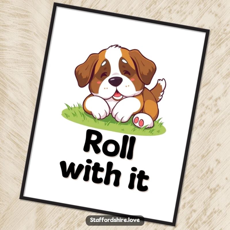 Funny Saint Bernard Digital Art: Printable artwork of a cute kawaii Saint Bernard dog hilariously rolling.