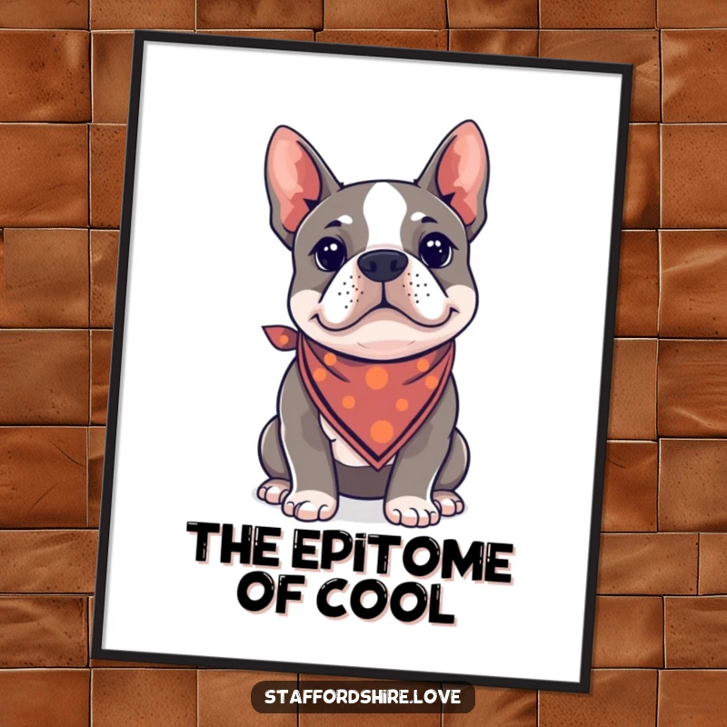 Funny Kawaii Staffordshire Bull Terrier digital art print, wearing a bandana and exuding a cool, stylish aura.