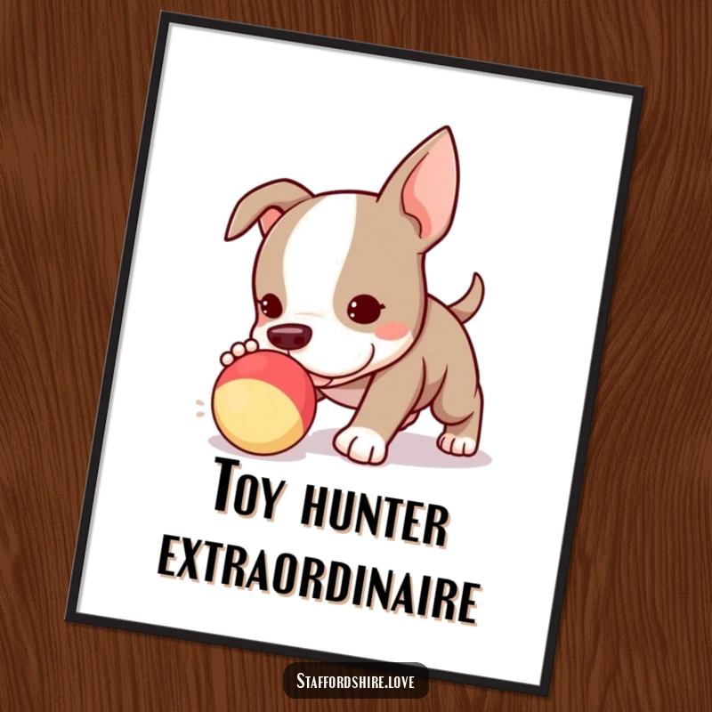 Funny Kawaii Staffordshire Bull Terrier puppy digital art print, captured mid-playfully chasing a squeaky toy, full of puppy energy.
