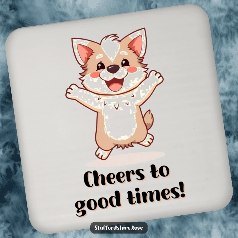 Funny Kawaii Staffordshire Coasters, showcasing a cute Staffy doing a happy, clumsy jump, perfect for protecting furniture with charm.
