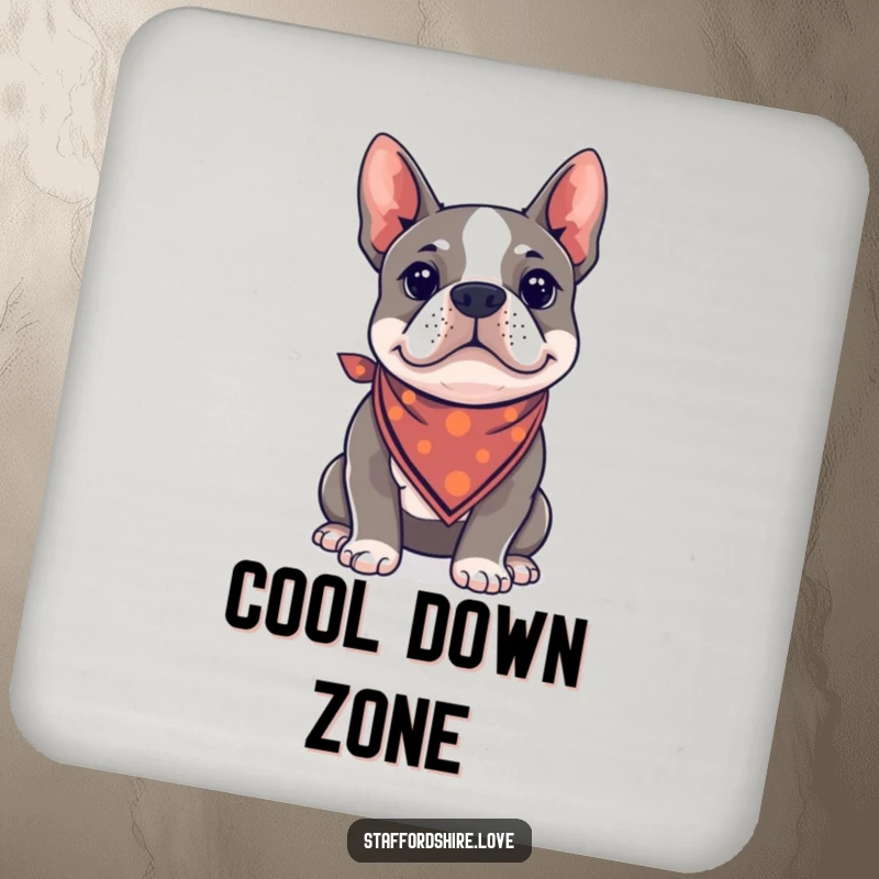Funny Kawaii Staffordshire Bull Terrier coaster, wearing a bandana and looking cool, perfect for protecting surfaces.